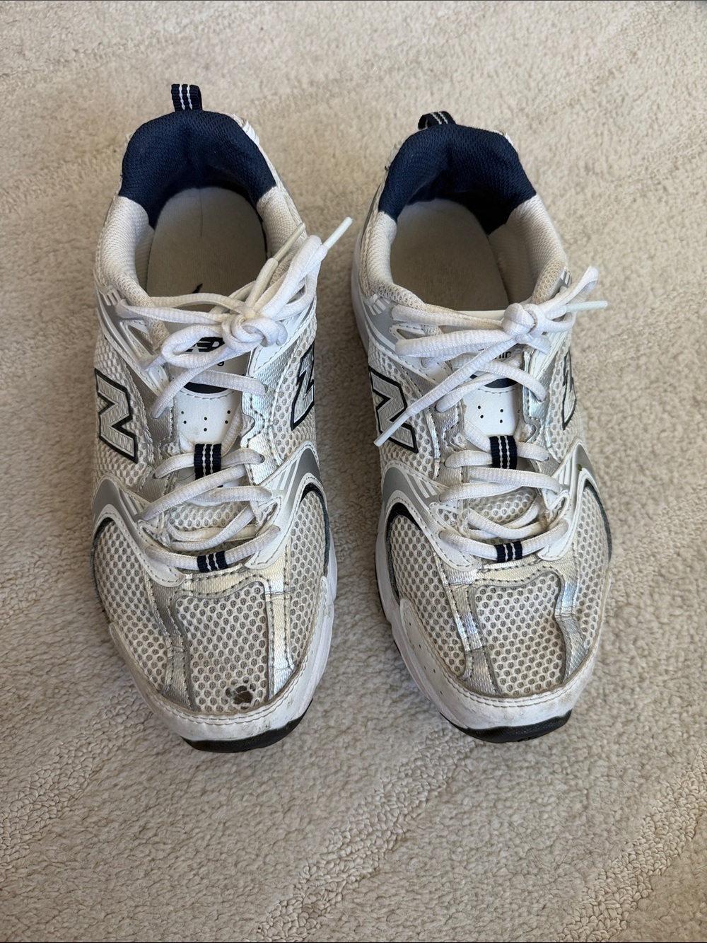 New Balance White and Navy Athletic Sneakers